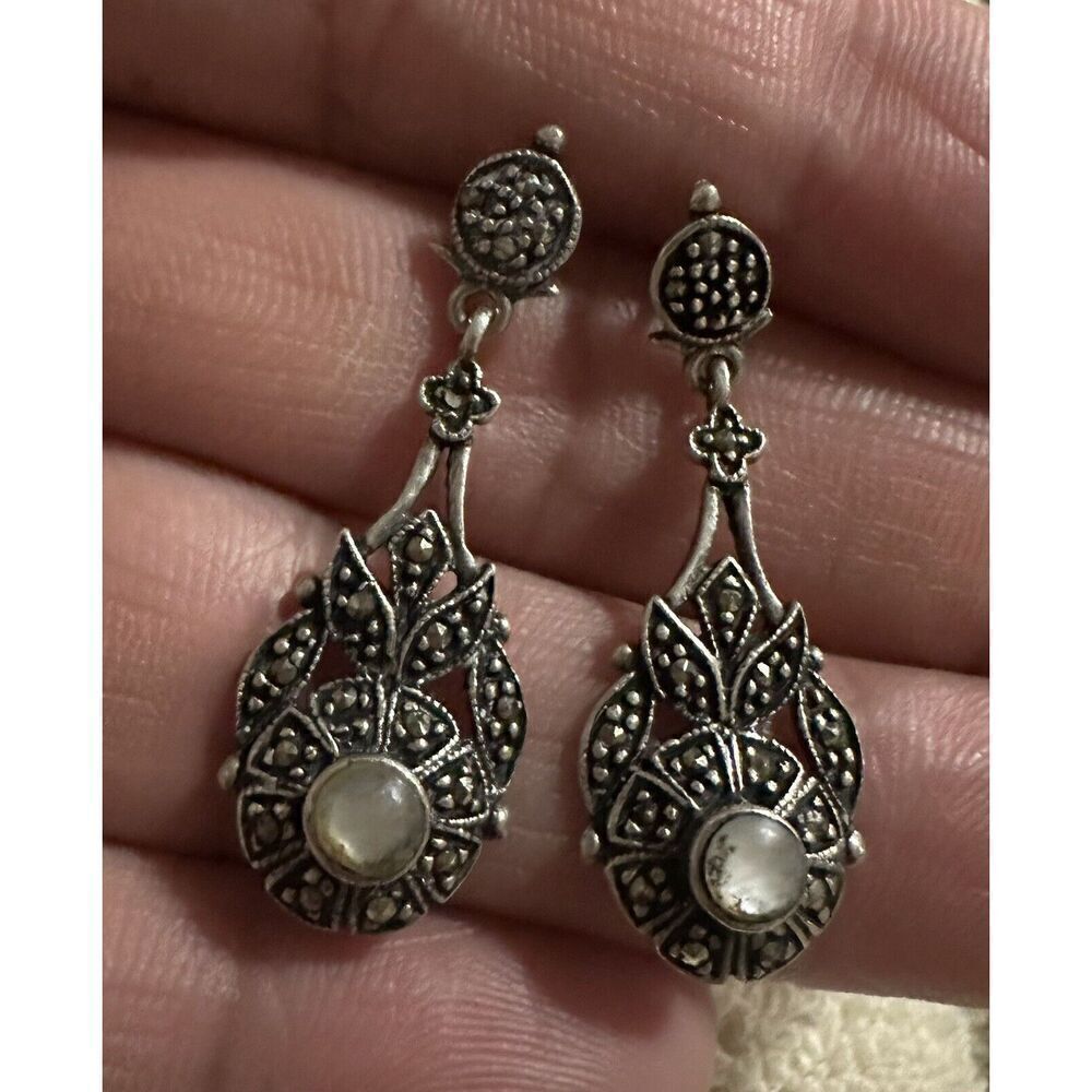 Vintage Sterling Silver 925 Mother Of Pearl Dangle Drop Post Earrings